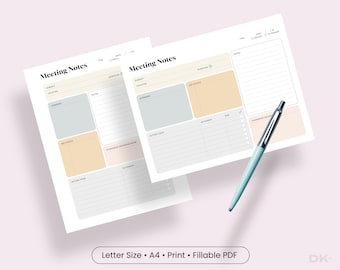 Meeting Notes Template PDF Download Agenda Planner for Team Remote Meeting Tracker Organizer for Business Office Supply Digital Download