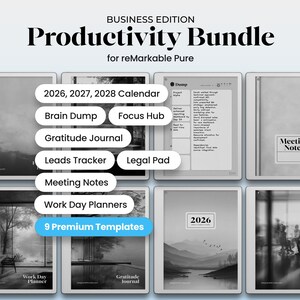May include: A black and white image showcasing a "Productivity Bundle" for reMarkable Pure. The bundle includes templates for calendars, brain dumps, gratitude journals, and more. The text "9 Premium Templates" is visible.