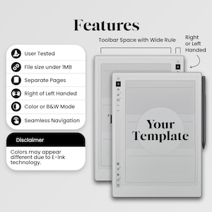 May include: Two digital tablets with a stylus, displaying a template with the text 'Your Template'. A list of features includes User Tested, File size under 1MB, Separate Pages, Right or Left Handed, Color or B&W Mode, and Seamless Navigation.