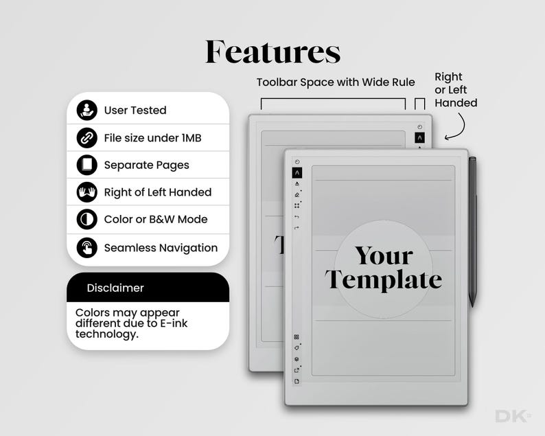 May include: Two digital tablets with a stylus, displaying a template with the text 'Your Template'. A list of features includes User Tested, File size under 1MB, Separate Pages, Right or Left Handed, Color or B&W Mode, and Seamless Navigation.
