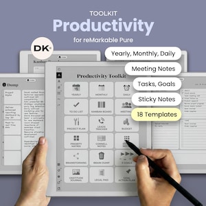 May include: A digital productivity toolkit for reMarkable Pure tablets featuring a grid of 18 templates including Yearly, Monthly, Daily, Meeting Notes, Tasks, Goals, and Sticky Notes. The interface displays icons for project planning, budgeting, and tracking.