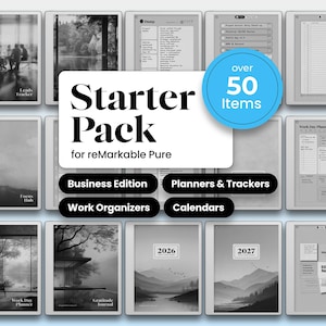 May include: A digital product bundle for reMarkable Pure, featuring over 50 items. The pack includes business editions, planners, trackers, work organizers, and calendars. The image displays various digital templates with landscape and abstract designs.