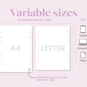 May include: Two blank vision boards, one labeled "A4" and the other "LETTER", with dotted lines around the edges. The boards are designed for use with hole punches and are suitable for tablets, computers, or paper.