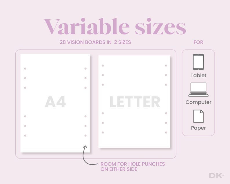May include: Two blank vision boards, one labeled "A4" and the other "LETTER", with dotted lines around the edges. The boards are designed for use with hole punches and are suitable for tablets, computers, or paper.