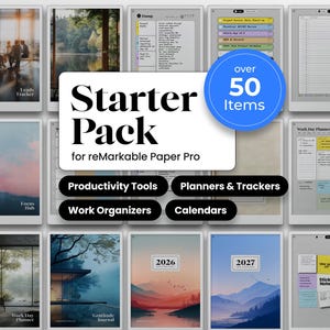 May include: A digital starter pack for reMarkable Paper Pro featuring over 50 items including productivity tools, planners, trackers, work organizers, and calendars. The collection displays various templates, daily planners, and 2026-2027 dated journals.