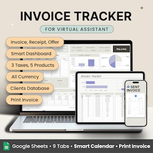 May include: A laptop, tablet, and smartphone display an invoice tracker interface. The screen shows data visualization, including charts and tables. Text on the screen includes "Invoice Tracker," "Sent Invoice," and features like "Smart Dashboard."