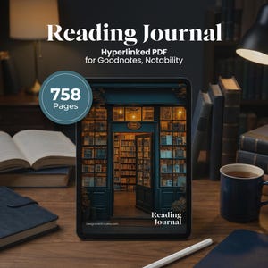 Op de afbeelding: Een digitaal leesdagboek weergegeven op een tablet, met een boekhandelfaçade. De afbeelding bevat de tekst "Reading Journal" en "758 Pages". Andere items op het houten bureau zijn boeken, een mok en een pen.