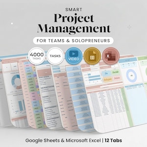 以下が含まれることがあります： Google SheetsおよびMicrosoft Excel用の12タブを備えたデジタルプロジェクト管理スプレッドシートテンプレート。インターフェースには、タスクリスト、円グラフ、棒グラフ、ステータストラッカーが柔らかな色調で表示され、Smart Project Management for Teams & Solopreneursというテキストが含まれています。