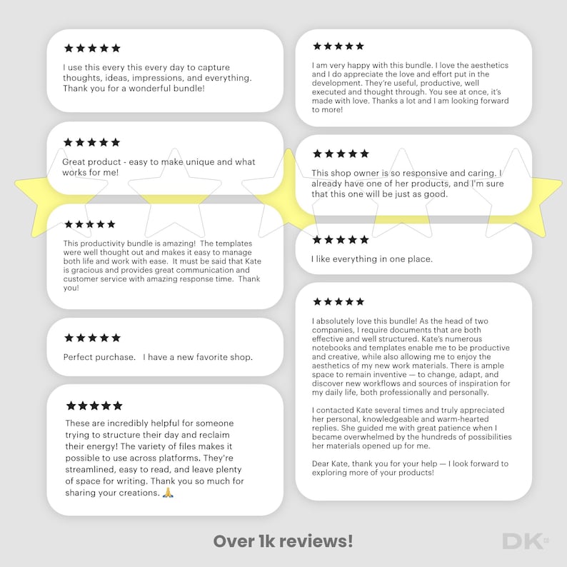 May include: Image shows customer reviews with star ratings and text. The reviews highlight the product's aesthetics, productivity, and ease of use. The text includes phrases like "Over 1k reviews!" and "Perfect purchase."