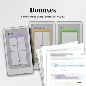 Puede incluir: Un conjunto de tableros Kanban digitales, que incluye tres pantallas digitales con las etiquetas "To Do", "In Progress" y "Done". El conjunto incluye un l&aacute;piz &oacute;ptico y una pila de gu&iacute;as de instalaci&oacute;n impresas. El texto "Bonuses" y "6 Mini Kanban Boards | Installation Guide" son visibles.