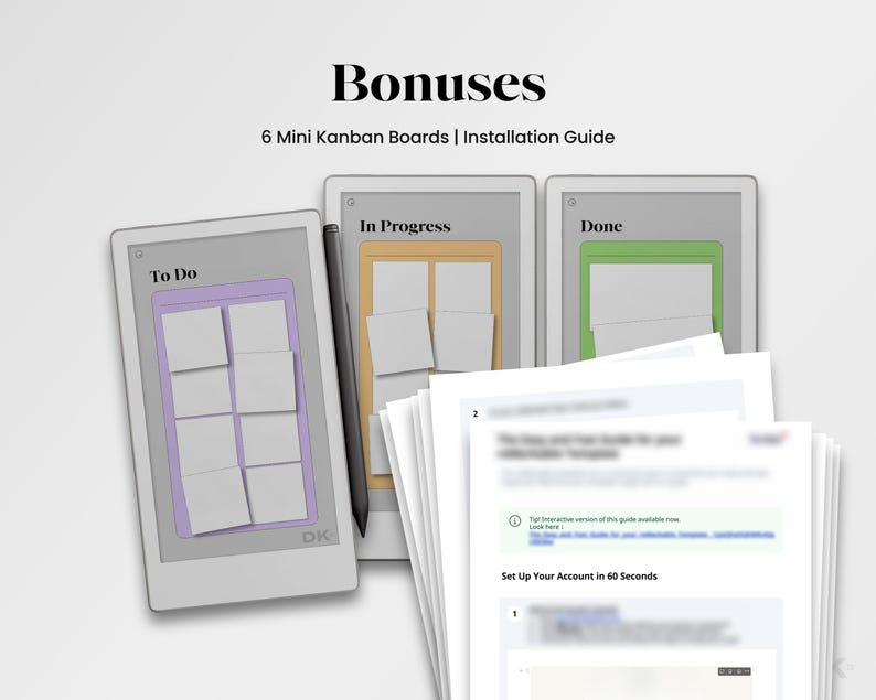 Puede incluir: Un conjunto de tableros Kanban digitales, que incluye tres pantallas digitales con las etiquetas "To Do", "In Progress" y "Done". El conjunto incluye un l&aacute;piz &oacute;ptico y una pila de gu&iacute;as de instalaci&oacute;n impresas. El texto "Bonuses" y "6 Mini Kanban Boards | Installation Guide" son visibles.