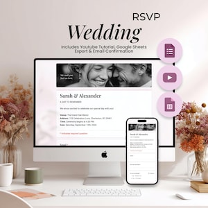 May include: A desktop computer and smartphone displaying a wedding RSVP form. The screen shows "Sarah & Alexander" and event details. The word "Wedding" is prominently displayed at the top. Dried flowers and a keyboard are also visible.