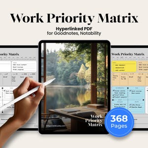 Puede incluir: Un planificador digital, titulado "Work Priority Matrix", se muestra en una tableta. La pantalla muestra un diseño de cuadrícula para la gestión de tareas. La imagen incluye el texto "Hyperlinked PDF for Goodnotes, Notability" y un círculo azul con el texto "368 Pages."