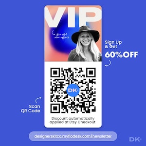 以下が含まれることがあります： 青い背景に「VIP」の文字が大きく白で表示されたプロモーション用グラフィック。帽子をかぶった笑顔の人物の写真、QRコード、テキスト「Sign Up & Get 60% OFF」が特徴です。「Scan QR Code」のテキストも表示されています。