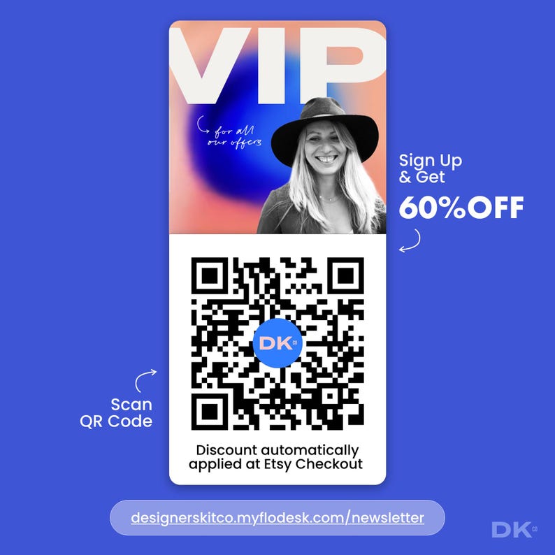 以下が含まれることがあります： 青い背景に「VIP」の文字が大きく白で表示されたプロモーション用グラフィック。帽子をかぶった笑顔の人物の写真、QRコード、テキスト「Sign Up & Get 60% OFF」が特徴です。「Scan QR Code」のテキストも表示されています。