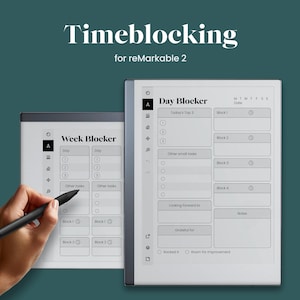 May include: Two digital notepads with a grey background and black text. The notepad on the left is titled "Week Blocker" and the notepad on the right is titled "Day Blocker". Both notepads have a checklist with checkboxes and spaces for writing.
