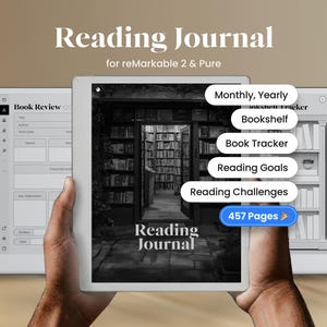 May include: A digital reading journal for reMarkable 2 and Pure tablets, featuring a cover with a library image and text Reading Journal. The interface displays buttons for Monthly, Yearly, Bookshelf, Book Tracker, Reading Goals, Reading Challenges, and 457 Pages.