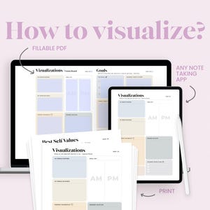 May include: A digital image showing a laptop screen with a printable PDF of a visualization board. The board is divided into sections for goals, values, and visualizations. The text "How to visualize?" is at the top of the image. The text "FILLABLE PDF" is below the text "How to visualize?" The text "PRINT" is at the bottom of the image.