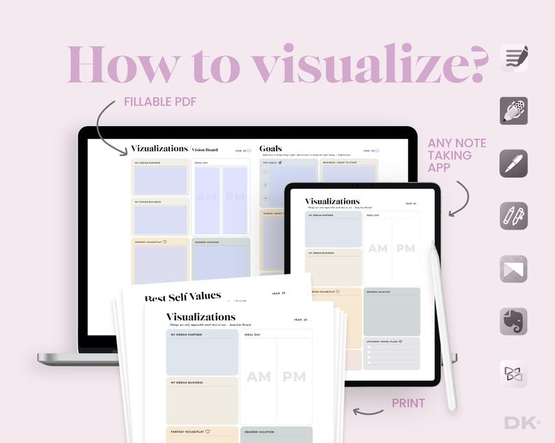 May include: A digital image showing a laptop screen with a printable PDF of a visualization board. The board is divided into sections for goals, values, and visualizations. The text "How to visualize?" is at the top of the image. The text "FILLABLE PDF" is below the text "How to visualize?" The text "PRINT" is at the bottom of the image.