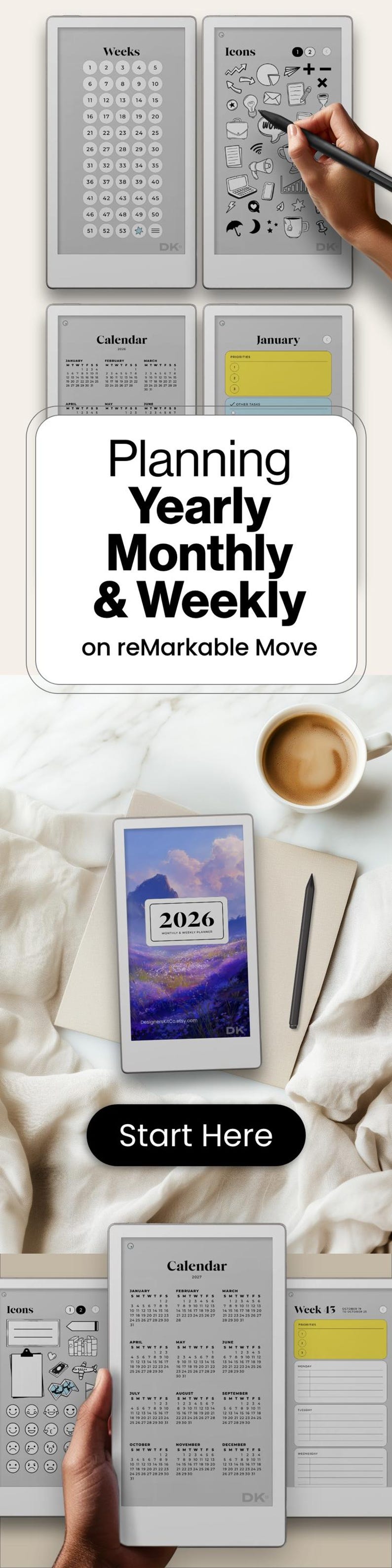 Weekly Calendar Planner for reMarkable Move Template Monthly Calendar fits reMarkable Pro Move Yearly Planner 2026 2027 Template To Do Icons