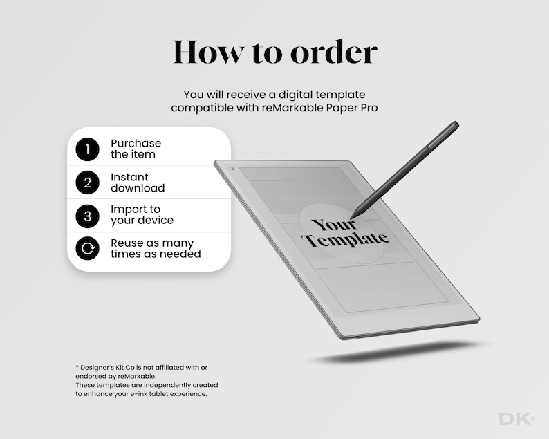 Peut inclure: Un mod&egrave;le num&eacute;rique pour la tablette reMarkable Paper Pro. Le graphique affiche le texte How to order, une liste num&eacute;rot&eacute;e de quatre &eacute;tapes et une illustration d'une tablette avec un stylet sur l'&eacute;cran portant le texte Your Template.
