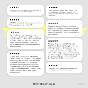 May include: A collection of eight white rectangular customer review cards arranged in two columns, each featuring five black stars and written feedback. A large yellow star graphic is centered horizontally. The text at the bottom reads Over 1k reviews!