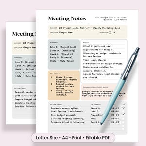 Plantilla para notas de reuniones: Planificador de agenda, organizador de seguimiento (descarga digital)