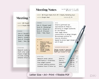 Meeting Notes Template: Agenda Planner, Tracker Organizer (Digital Download)
