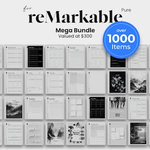 Könnte beinhalten: Ein digitales Planer-Mega-Bundle für reMarkable-Tablets mit über 1000 Elementen. Die Sammlung enthält verschiedene Vorlagen, Aufgabenlisten, Kalender und Notizseiten in Schwarz, Weiß und Graustufen mit Layouts im Hoch- und Querformat.