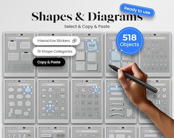 Formas y diagramas para plantillas reMarkable Paper Pro. Pegatinas para elementos visuales comerciales reMarkable listos para usar. Cuaderno con hipervínculos rMPP rmdoc