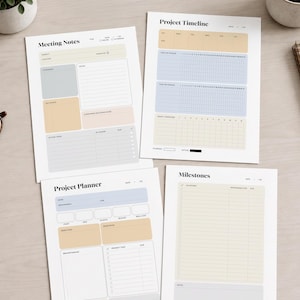 May include: Four white paper planner sheets with black text and pastel colored sections. The sheets are titled Meeting Notes, Project Timeline, Project Planner, and Milestones. Each page features organized grids, lines, and checkboxes for tracking tasks, dates, and project details in a clean, structured layout.