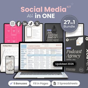 Peut inclure: Un kit de marketing numérique intitulé "Social Media KIT ALL IN ONE" avec un ordinateur portable, une tablette et un smartphone affichant des modèles de médias sociaux. Le kit comprend un "Bundle 27 en 1" et une boîte "Podcast Agency". L'image met également en évidence "5 Bonus", "Remplir les pages" et "2 feuilles de calcul".