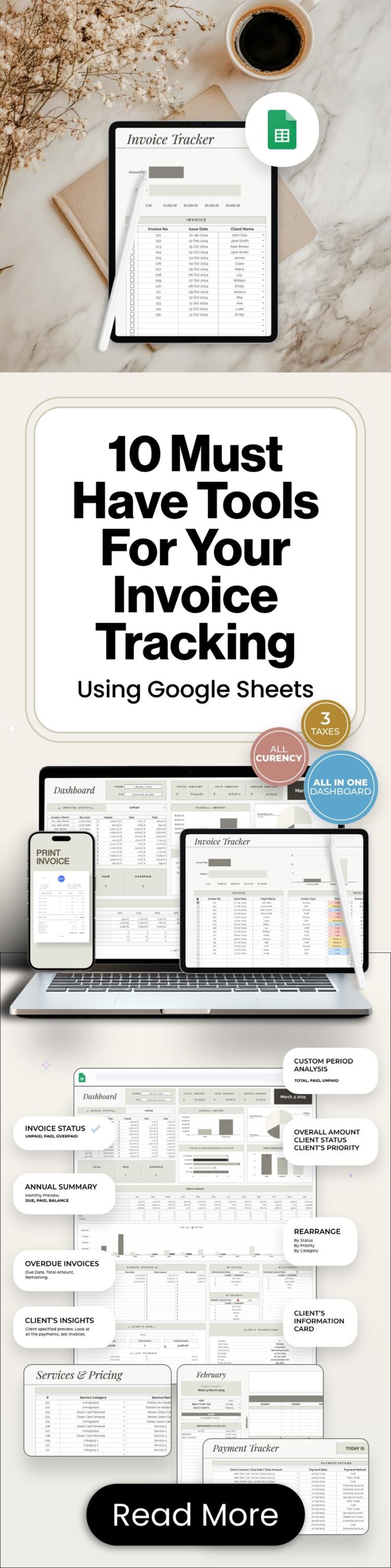 Monthly income and payment summary — an invoice tracker spreadsheet, payment dashboard, small business bookkeeping template and cash flow tracker that updates totals automatically.
