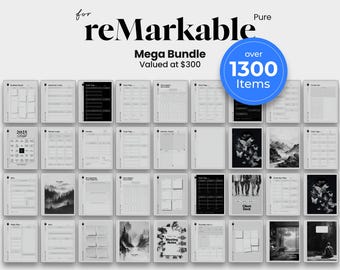 May include: A digital planner mega bundle for reMarkable tablets featuring over 1300 items. The collection includes various templates such as daily planners, task lists, meeting notes, and calendars with black, white, and grayscale designs.