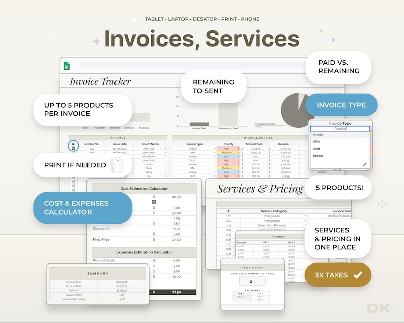Built-in invoice generator tab — an invoice maker, small business invoice template, payment manager spreadsheet and client billing tracker for creating and logging invoices fast.