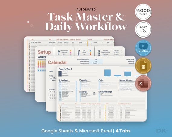 Automated Task Master & Workflow Organizer (Google Sheets, Excel)