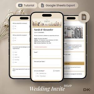 May include: Three smartphones displaying a wedding invitation RSVP form. The invitation includes fields for guest information, dietary restrictions, and song requests. The text "Wedding Invite" is at the bottom.