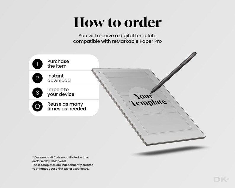 May include: How to order a digital template compatible with reMarkable Paper Pro. The image shows a black and gray stylus hovering over a gray tablet with the text "Your Template" in a circle on the screen. The steps to order are listed on the left side of the image.