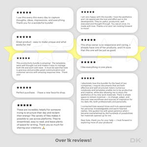 以下が含まれることがあります： デジタル製品バンドルの顧客レビューの画像。レビューは、星評価付きの灰色の背景に白いテキストで表示されます。テキストには、「素晴らしい」、「完璧な購入」、および「使いやすい」などのフレーズが含まれています。画像には「Over 1k reviews!」というテキストも含まれています。