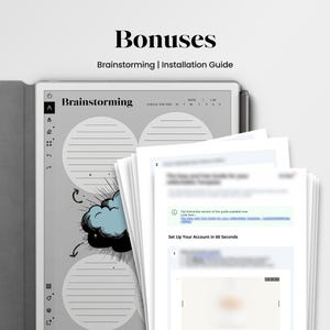Op de afbeelding: Een digitale tablet met een brainstormsjabloon en een pen. Het scherm toont een wolkengrafiek en cirkelvormige gebieden voor notities. Bijbehorende papieren beschrijven de installatie-instructies. Tekst op het scherm luidt "Bonuses" en "Brainstorming | Installation Guide."