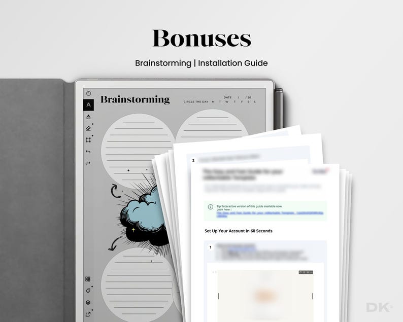 Op de afbeelding: Een digitale tablet met een brainstormsjabloon en een pen. Het scherm toont een wolkengrafiek en cirkelvormige gebieden voor notities. Bijbehorende papieren beschrijven de installatie-instructies. Tekst op het scherm luidt "Bonuses" en "Brainstorming | Installation Guide."