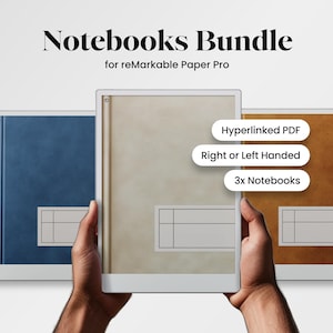 May include: A set of three notebooks for the reMarkable Paper Pro tablet. The notebooks are brown, blue, and beige. The notebooks are designed to be used with the reMarkable Paper Pro tablet and feature hyperlinked PDFs, right or left-handed options, and 3x notebooks.