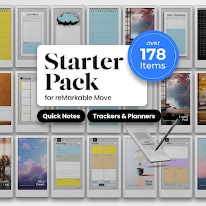 May include: A digital starter pack for reMarkable Move, featuring over 178 items. The pack includes quick notes, trackers, and planners. The image displays various digital templates with different layouts and designs, including checklists and idea hubs.