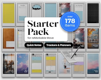 May include: A digital starter pack for reMarkable Move, featuring over 178 items. The pack includes quick notes, trackers, and planners. The image displays various digital templates with different layouts and designs, including checklists and idea hubs.