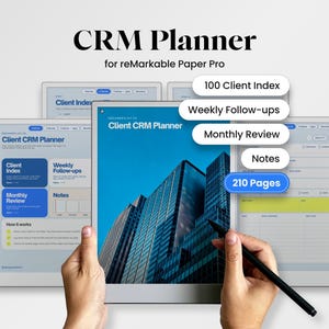 May include: A digital CRM Planner for reMarkable Paper Pro featuring a 100 Client Index, Weekly Follow-ups, Monthly Review, Notes, and 210 pages. The interface displays blue navigation buttons and a skyscraper graphic on the cover.