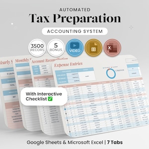 Puede incluir: Imagen de un sistema de contabilidad digital con el texto "AUTOMATED Tax Preparation ACCOUNTING SYSTEM". La imagen muestra varias pestañas de hojas de cálculo con datos, gráficos y el texto "Expense Entries". Incluye iconos "3500 RECORDS", "5 BONUS" y "VIDEO".