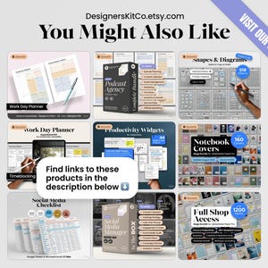 May include: A promotional image showcasing various digital products, including planners, templates, and guides. The image features a grid layout with product mockups, such as a "Work Day Planner" and "Podcast Agency" bundle. Text includes "You Might Also Like" and "Find links to these products in the description below."