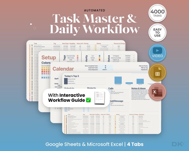 Task tracker for Google Sheets and Excel featuring a professional daily workflow organizer and automated to-do list template with integrated project tracking and priority status bars for 2026.