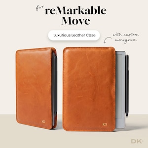 May include: A tan leather case for a reMarkable Move tablet, featuring a custom monogram with the letters KD embossed on the front. The case includes a side slot for a black stylus and is shown in two views, one closed and one with the tablet visible.