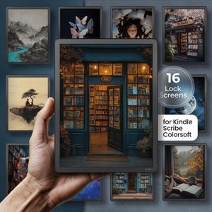 May include: A hand holding a Kindle Scribe Colorsoft device displaying a bookstore image. Surrounding the device are 16 lock screen images with various art themes. The images include landscapes, butterflies, and a moonlit night scene.